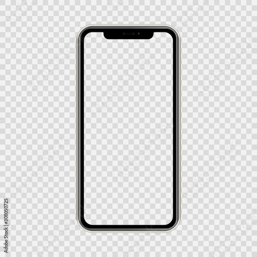 realistic smartphone The shape of a modern mobile phone Designed 2019 to have a thin edge. mockup empty screen, isolated on transparent background. vector illustration. photo