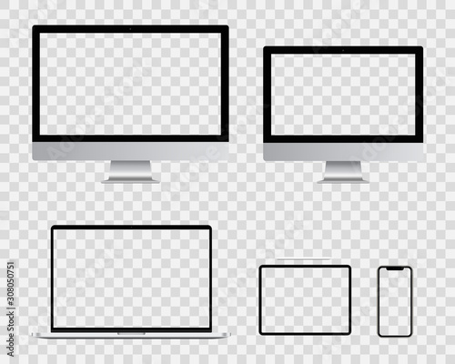realistic blank Computer monitor, smartphone, laptop and tablet pc screen design. Mobile phone smart digital device set collection. vector illustration isolated on transparent background.