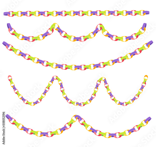 Strips of gummed paper in bright colors, for holiday decorations. Isolated on white background. Paper chains set. Vector illustration
