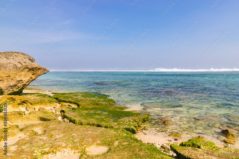 View of beautiful cliffs and sandу Melasti beach. Ungasan, South Kuta, Badung Regency, Bali