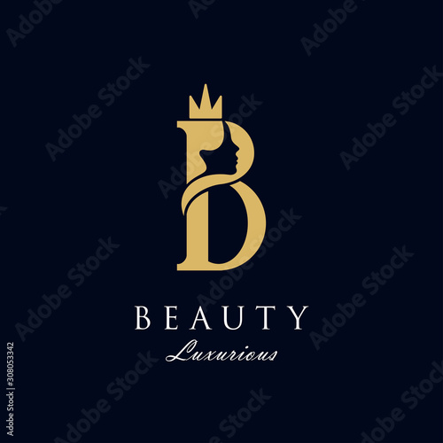 initial B luxury beauty queen woman face with crown logo design vector inspiration. consisting of a entwined B with lady face on negative space with crown.