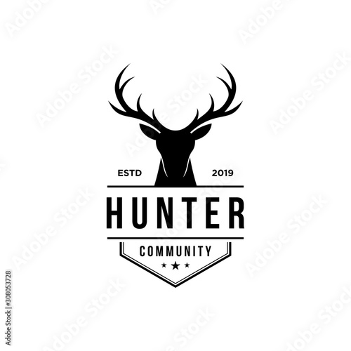 deer hunter logo, badge, emblem, label design template. vector illustration of deer head silhouette and arrow. hunter club, deer hunting symbol icon