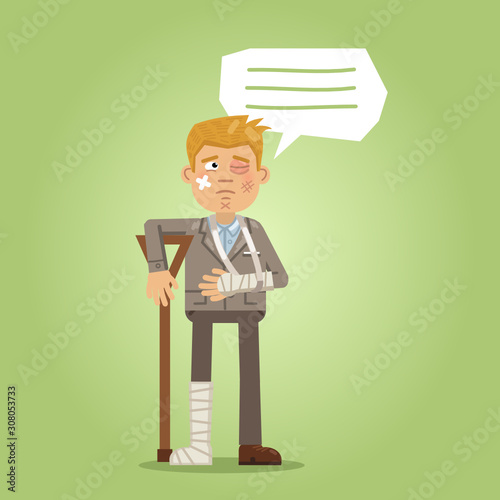 Illustration of an injured businessman. Man bruised, beaten. Sad, upset emotion. Flat style vector illustration