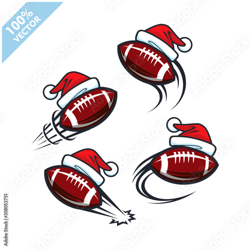Football Rugby ball with santa hat christmas theme set of 4 logo vector	