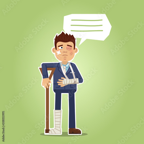 Illustration of an injured businessman. Man bruised, beaten. Sad, upset emotion. Flat style vector illustration