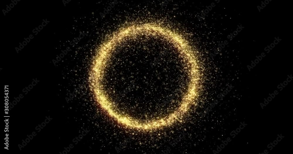 Gold glitter circle with glittering light shine sparkles frame on black background for Christmas holiday. Abstract magic glow of shimmering confetti and firework glittering sparks trail