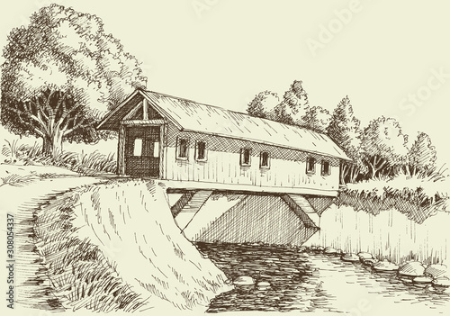Wooden bridge over river in the forest. Hand drawing landscape