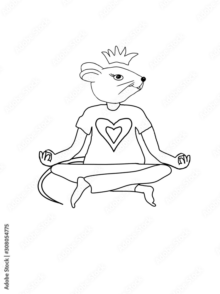 Fantasy character mouse yoga on a white background. Symbol of 2020. Contour drawing mouse yoga (rat), coloring page. One Element, Seamless pattern for printing on fabric, wrapping paper, postcard, pac Fantasy character mouse yoga on a white background. Symbol of 2020. Contour drawing mouse yoga (rat), coloring page. One Element, Seamless pattern for printing on fabric, wrapping paper, postcard, pac