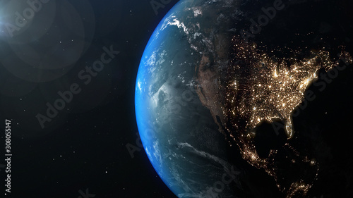 World and sun realistic 3D rendering. Shiny sunlight over Planet Earth, cosmos, atmosphere, america, usa . Shot from Space satellite