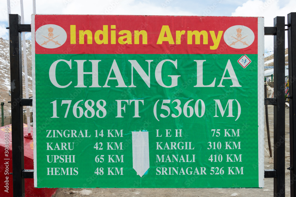 Ladakh, India - Jul 15 2019 - Chang La Pass on the Leh-Pangong Tso road in Ladakh, Jammu and Kashmir, India. Chang La Pass is situated at an altitude of around 5360m above the sea level.