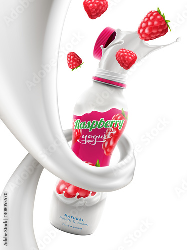 Yogurt bottle ads with raspberry flavor in milk swirl, commercial vector yogurt beverage mock-up hyperrealistic illustration