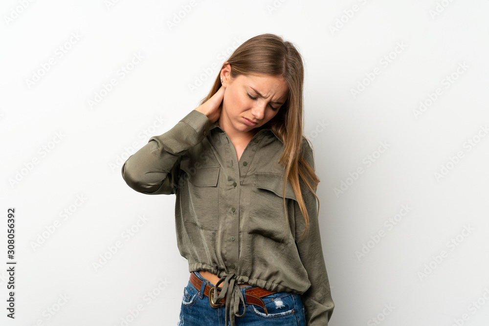 Lithuanian blonde girl over isolated white background with neckache
