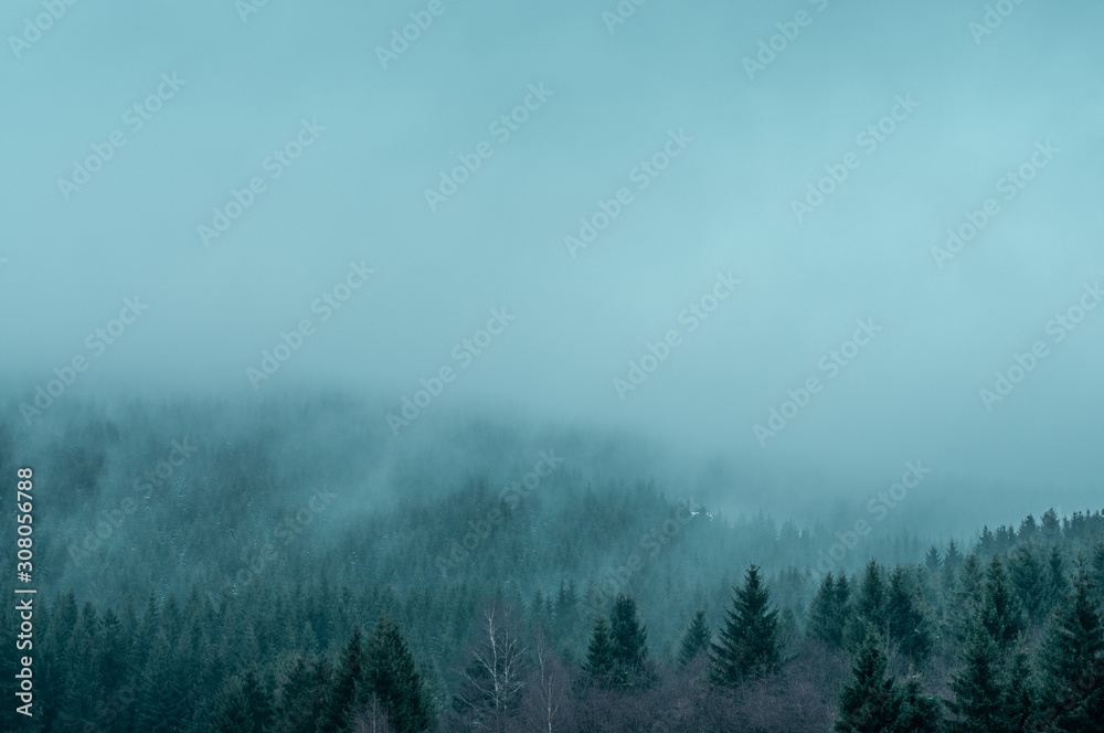 Beautiful winter mountain nature landscape scenery with moody weather clouds and pine tree silhouettes in the fog clouds. Mountain Forest, Brocken, Harz National Park Mountains in Germany