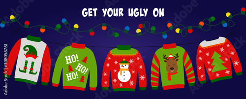Ugly sweater party banner, background or invitation with hanging lights string and different sweaters. Christmas holiday decoration. Layout template. Get your ugly on text.