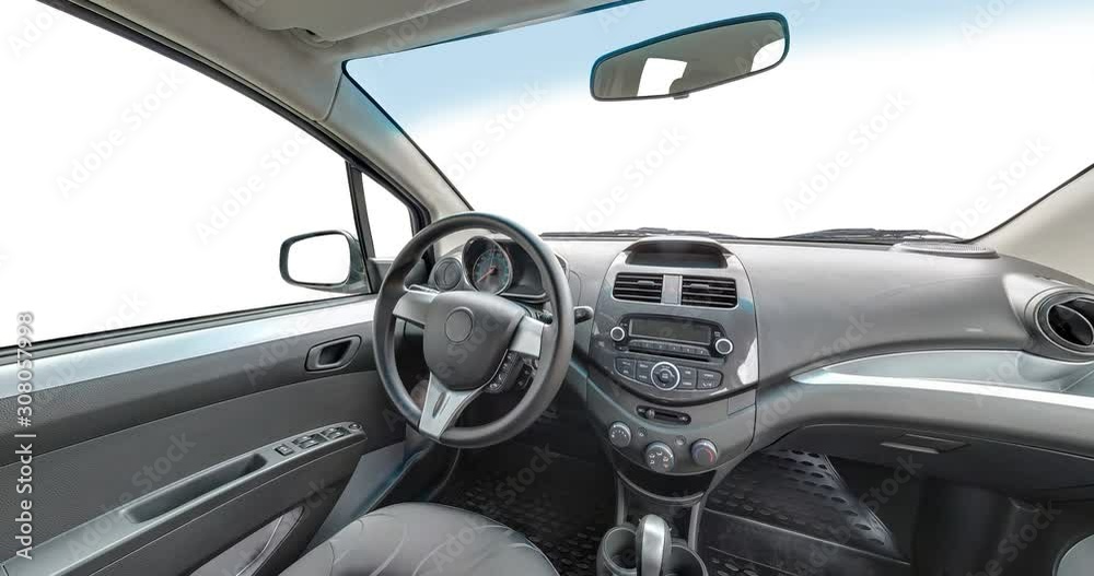 panorama in interior leather salon of prestige modern car. steering wheel, shift lever and dashboard isolated on white background