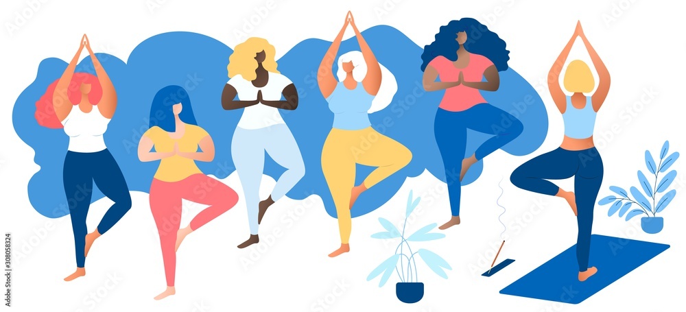 Body positive concept. Multinational friendship. two attractive plus size girls friends doing yoga together. Yoga wellness concept. Beautiful overweight women. For Fat acceptance movement no fatphobia