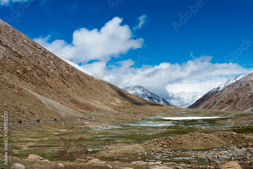 Ladakh, India - Jul 15 2019 - Beautiful scenic view from Between Pangong Tso and Chang La Pass in Ladakh, Jammu and Kashmir, India.