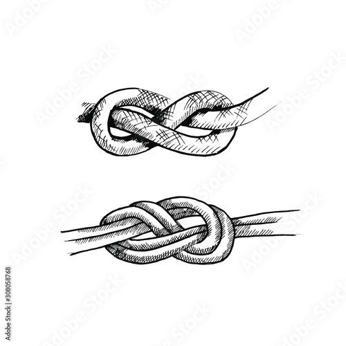 Hand drawn climbing rope knots. Sketch illustration.