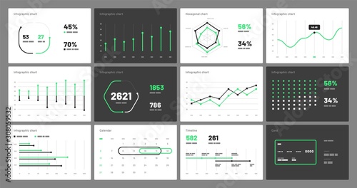 Elements of infographics on a white and black background. Use in presentation templates, flyer, leaflet and corporate report. Dashboard UI and UX Kit with big data visualization.