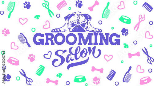 Logo for dog hair salon, dog styling and grooming shop, store for pets. Vector illustration isolated on white background. EPS 10