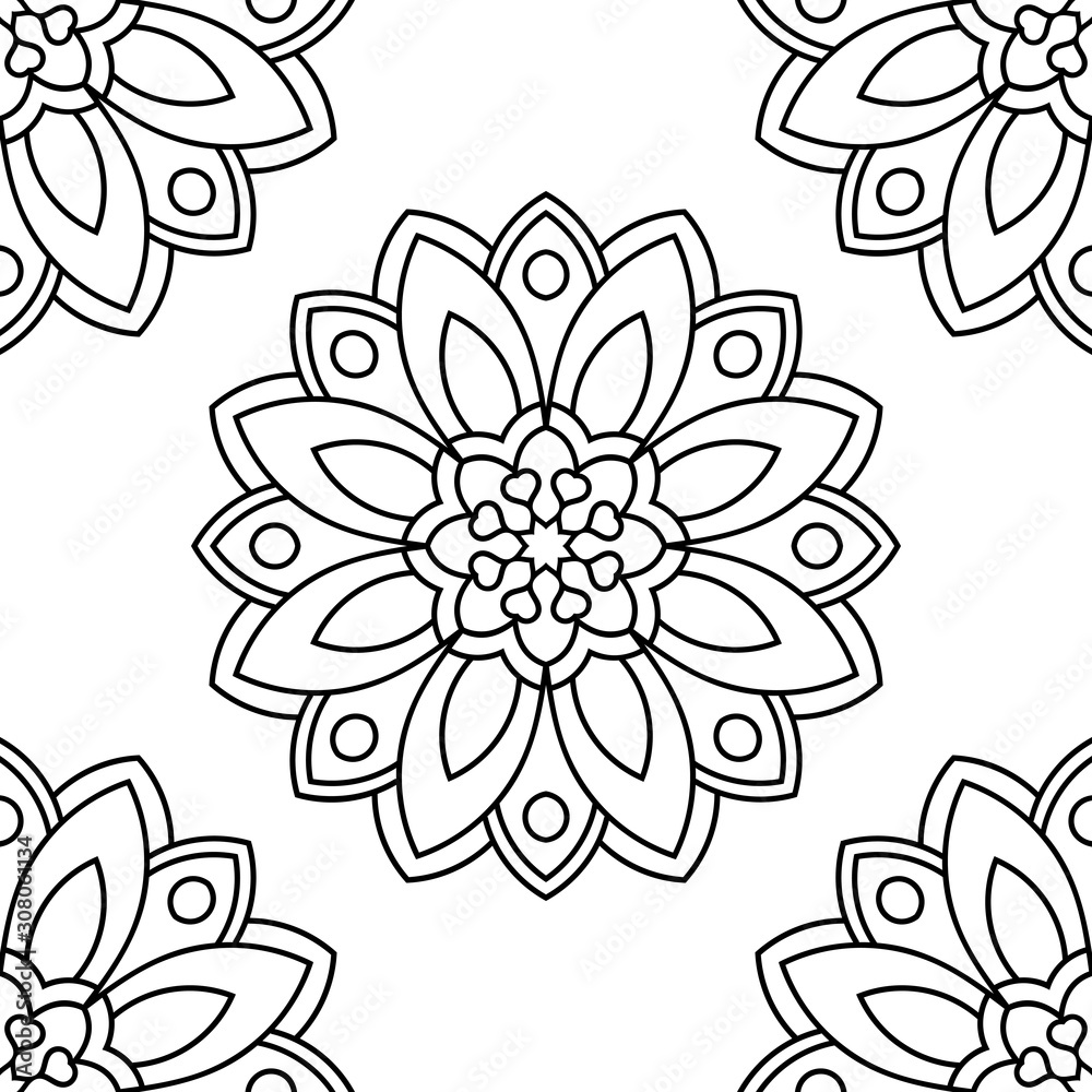 Fantasy seamless pattern with ornamental mandala. Abstract round doodle flower background. Floral geometric circle. Vector illustration. Fantasy seamless pattern with ornamental mandala. Abstract round doodle flower background. Floral geometric circle. Vector illustration.