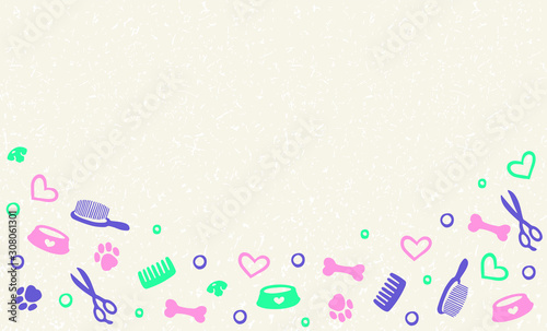 Vector  tamplate with grooming dogs of different breeds, tools and supplies. Colorful background for grooming salon and pet shop. EPS 10