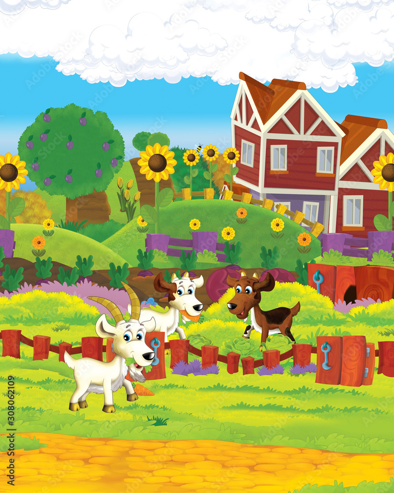 Cartoon farm scene with animal goat having fun on the farm ranch - illustration for children Cartoon farm scene with animal goat having fun on the farm ranch - illustration for children