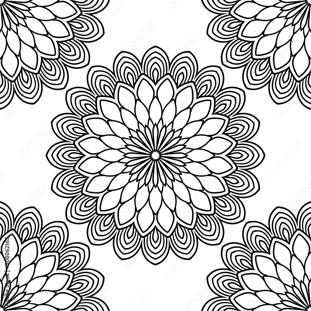 Fantasy seamless pattern with ornamental mandala. Abstract round doodle flower background. Floral geometric circle. Vector illustration. Fantasy seamless pattern with ornamental mandala. Abstract round doodle flower background. Floral geometric circle. Vector illustration.