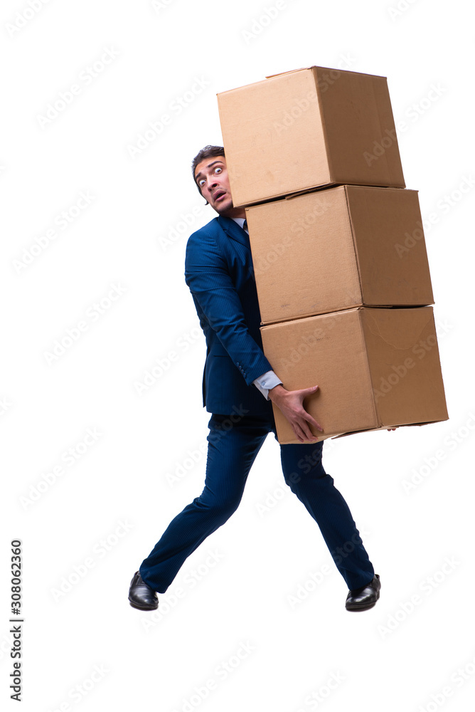 Young male employee with boxes isolated on white Young male employee with boxes isolated on white