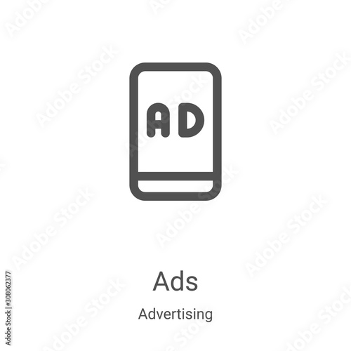 ads icon vector from advertising collection. Thin line ads outline icon vector illustration. Linear symbol for use on web and mobile apps, logo, print media