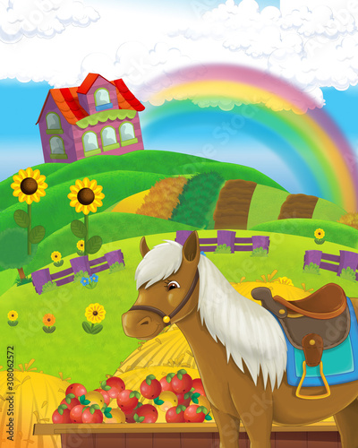 Cartoon farm scene with animal horse having fun on the farm ranch - illustration for children