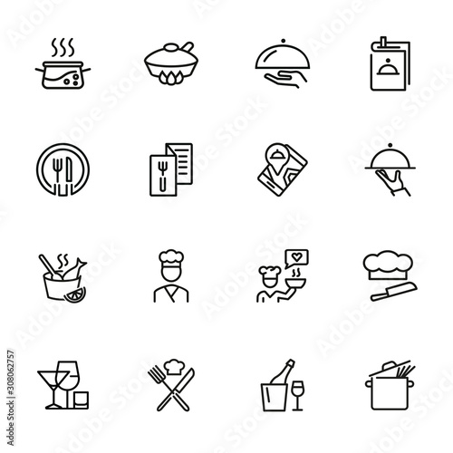Restaurant service line icon set. Set of line icons on white background. Menu, stewpan, plate, chef. Food concept. Vector illustration can be used for topics like eating, drinking, resting