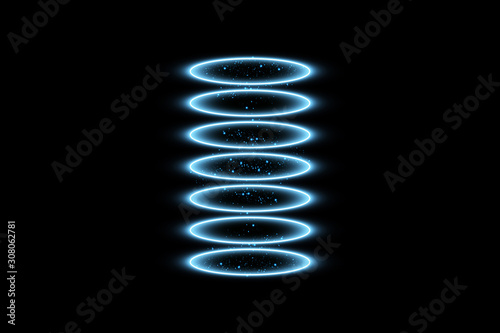 Futuristic teleport. Magic fantasy portal. Light effect. Blue candles rays of a night scene with sparks on a black background. Empty light effect of the podium. Disco club dancefloor.