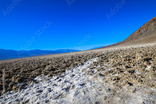 Lowest point of North America, salt flats at Badwater, California