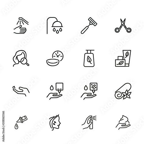 Self care line icon set. Shower, scissors, cream. Beauty care concept. Can be used for topics like hygiene, spa salon, daily routine