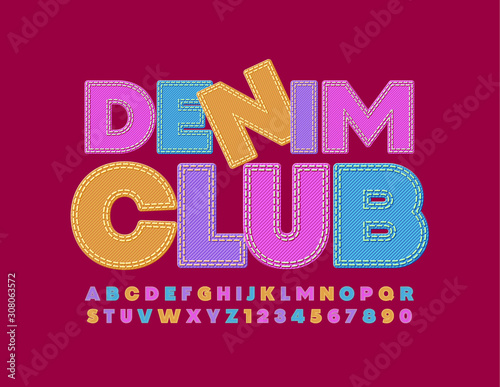 Vector colorful sign Denim Club with textile Font. Bright Jeans Alphabet Letters and Numbers