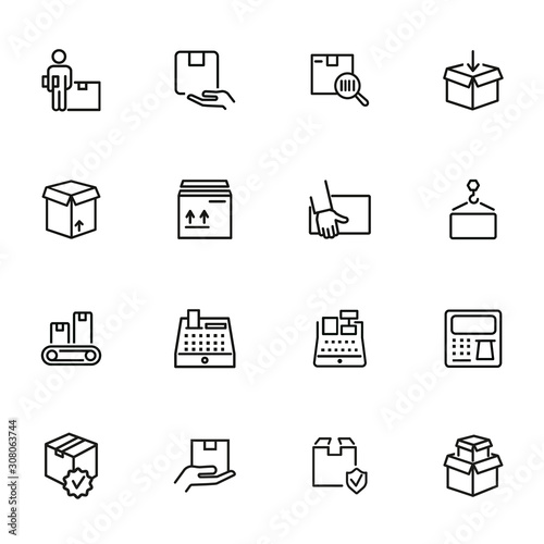 Shopping and delivery icons. Set of line icons. Cash register, conveyor belt, cardboard box. Logistics concept. Vector illustration can be used for topics like shipping, transportation, business