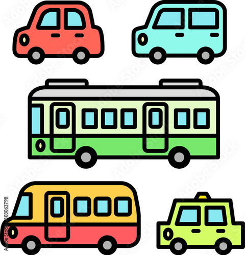 かわいい車、バスのイラストセット