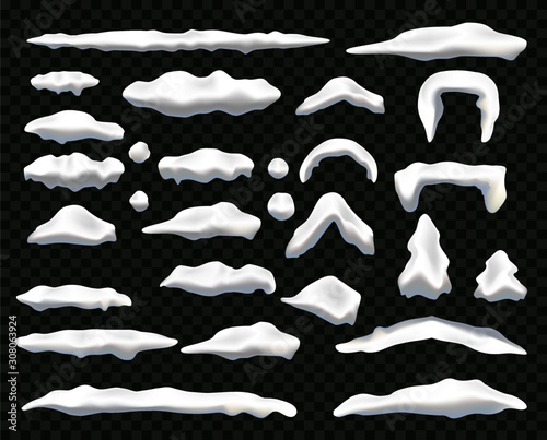 Snow caps set. Winter house decoration. Design elements isolated on dark background. White snowdrifts in realistic style. Frozen effect. Vector illustration