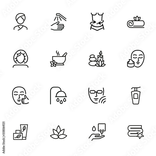 Spa salon line icon set. Massage, shower, candle. Relaxation concept. Can be used for topics like beauty, recovery, resort, skin care