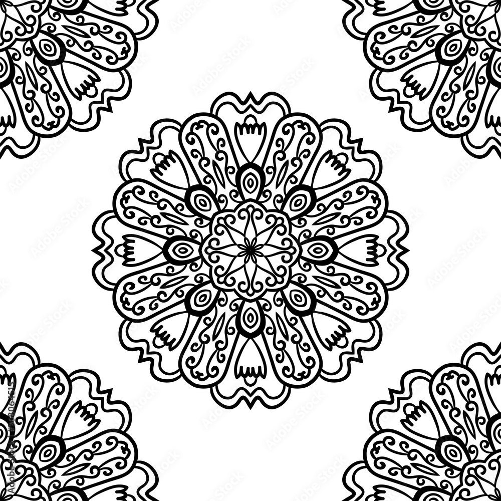 Fantasy seamless pattern with ornamental mandala. Abstract round doodle flower background. Floral geometric circle. Vector illustration. Fantasy seamless pattern with ornamental mandala. Abstract round doodle flower background. Floral geometric circle. Vector illustration.