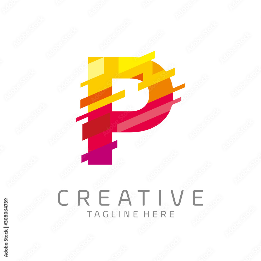colorful letter P tech logo design vector with pixel/glitch motion