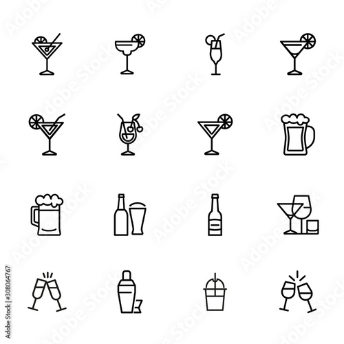 Strong drinks icons. Set of line icons on white background. Beer bottle, martini, margarita cocktail. Alcohol concept. Vector illustration can be used for topic like drinks, bar, menu