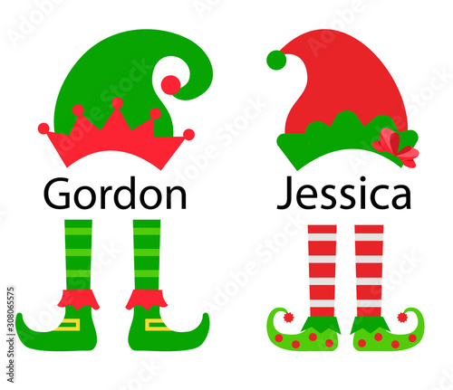 Christmas elg girl and boy hats and feet, vector illustration. Cute elves legs, boots, costumes.  Santa helpers squad. 