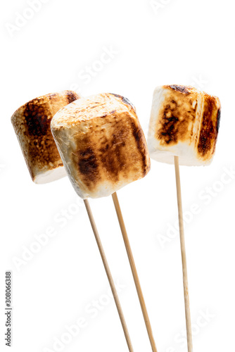 Fényképezés Big Marshmallow on a wooden stick isolated isolated on white