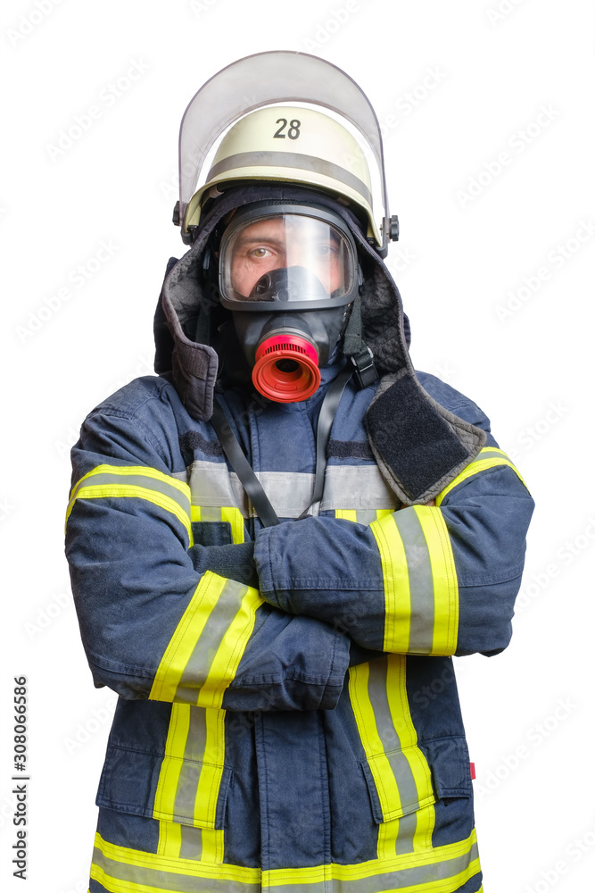 young firefighter in uniform in protective breathing mask on his head. Isolated on white background