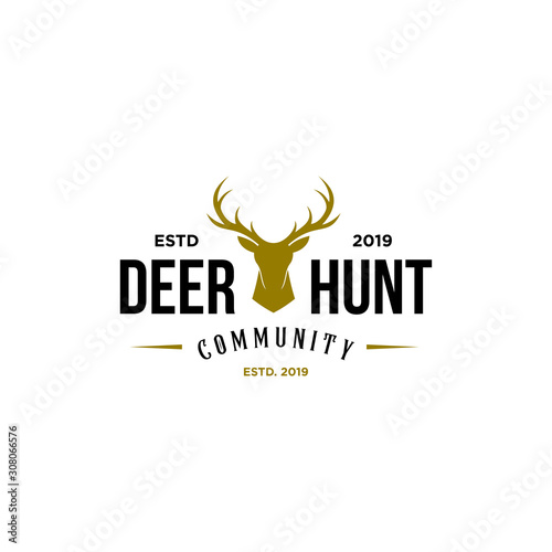 deer hunter logo, badge, emblem, label design template. vector illustration of deer head silhouette and arrow. hunter club, deer hunting symbol icon