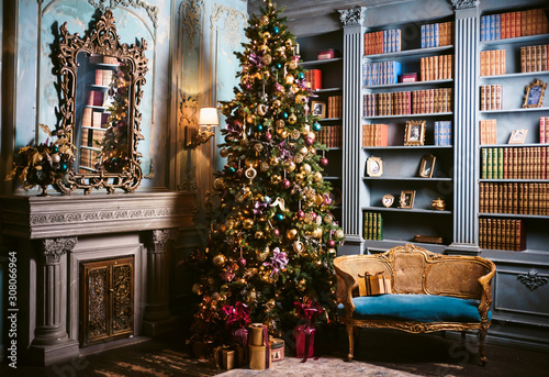 Christmas tree in the room near the fireplace and home library, the Christmas mood with gifts