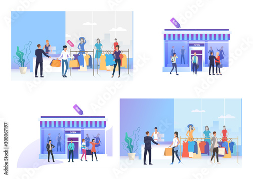 Clothing shop set. Shoppers buying clothes at sale. Flat vector illustrations. Shopping, discount, retail concept for banner, website design or landing webpage
