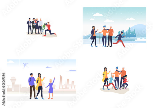 Family activities set. Couples with kids hiking, travelling, posing for photo shooting. Flat vector illustrations. Family, lifestyle concept for banner, website design or landing webpage